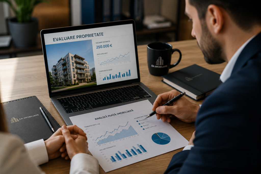 Consultant imobiliar analizează valoarea unei proprietăți pe baza datelor de piață