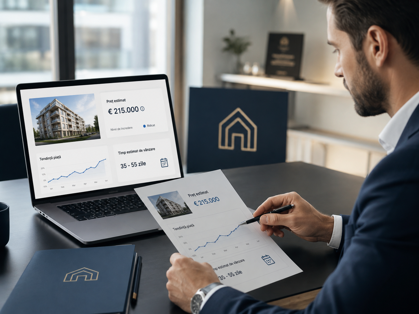 Consultant imobiliar analizează prețul estimat și timpul probabil de vânzare al unei proprietăți